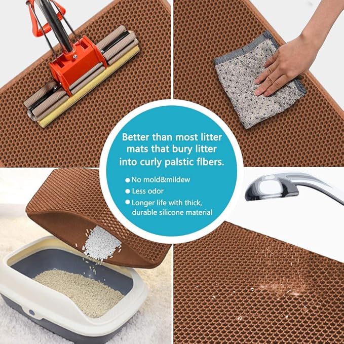 Large Cat Litter Box Mat: Easy Clean Kitty Litter Trapping Mat for Floor, Plastic Cat Box Pad (24 * 30in-Brown-1)