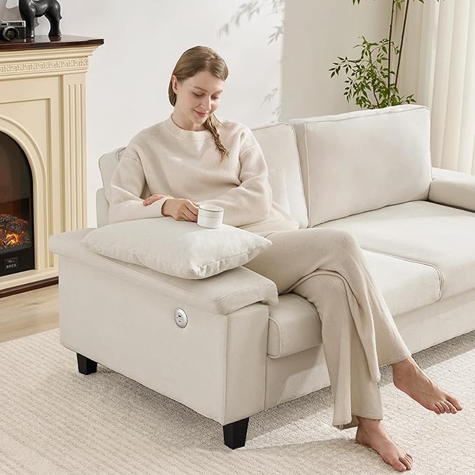 3 Seater Couch for Living Room, 79'' Comfy Deep Seat Sofa with Adjustable Armrests & USB/Type-C Charging Ports, Mid Century Modern Couch for Bedroom, Home Office, White