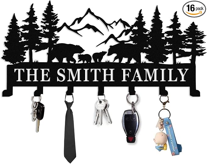 Custom Metal Hooks Key Rack with Name,Bear Family Theme Decor,Personalized Key Holder Wall Mount Hooks for Bedroom Entryway,Housewarming Gift Bear