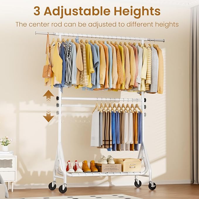 Heavy Duty Clothes Rack for Hanging Clothes, Double Rods Clothing Rack with Lockable Wheels, Rolling Metal Garment Racks Heavy Duty, Portable Wardrobe Closet Racks, White