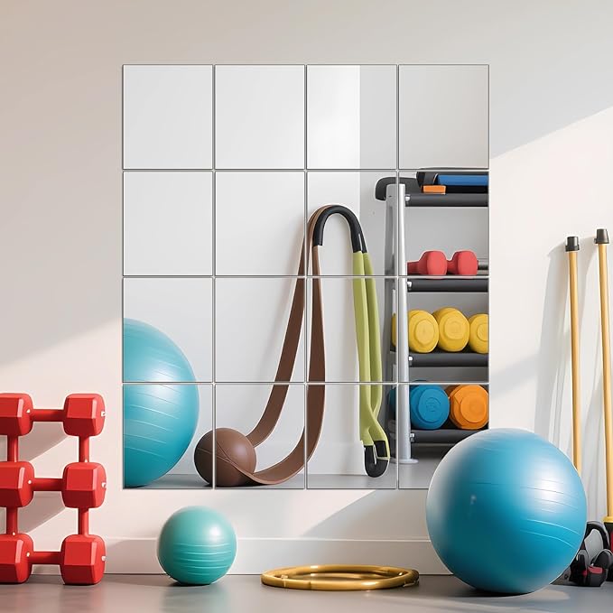 Ruomeng Home Gym Mirrors 14" x 12" x 16Pcs Wall Mounted Mirror Glass Frameless Full Length Mirror Tiles for Home Gym, Bedroom, Door & Bathroom