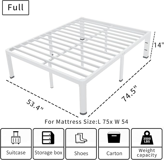 ROIL 14 Inch White Full Size Bed Frame with Rounded Corner and Headboard Hole Mattress Retainers 3500LBS Heavy Duty Steel Slats No Box Spring Needed Platform Noise-Free Easy Assembly