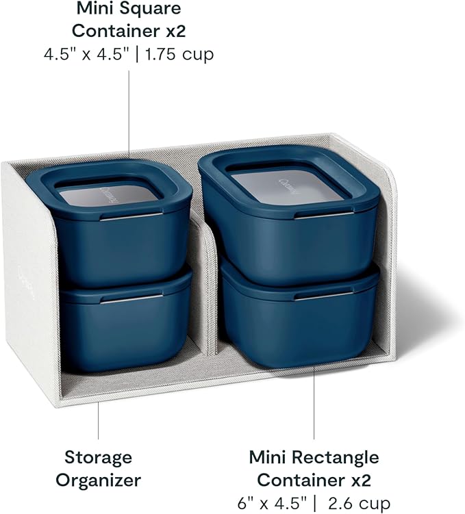 Caraway Mini Food Storage 9pc Set - Glass Storage Containers for Food - Non-Toxic Ceramic-Coated Glass - Air Release Technology - Compact & Stackable Design - Navy