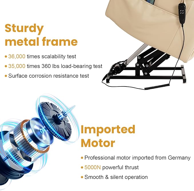 PARKOL Large Infinite Position Leather Power Lay Flat Lift Studded Recliner Chairs for Elderly, Dual Motor with Massage and Heating,Extended Footrest, USB&Type-C Port Remote,Cup Holder (Beige, Large)