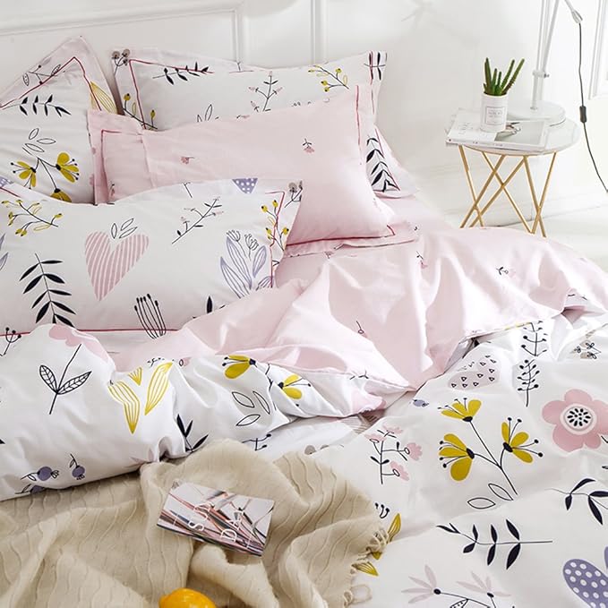 LifeTB Girls Flower Duvet Cover Twin XL Boho White Pink Floral Bedding Sets Aesthetic 100% Cotton Comforter Cover Cute Branches Flower Bedding Sets Pink Floral Twin XL Duvet Cover with 2 Pillowcases