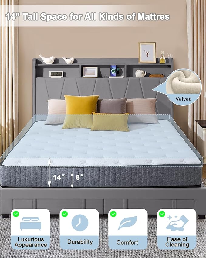 Queen Bed Frame, Velvet Upholstered LED Platform Bed with Headboard Storage, Queen Bed Built-in Charging Station with 2 Drawers, Wood Slat Support, No Box Spring Needed, Grey