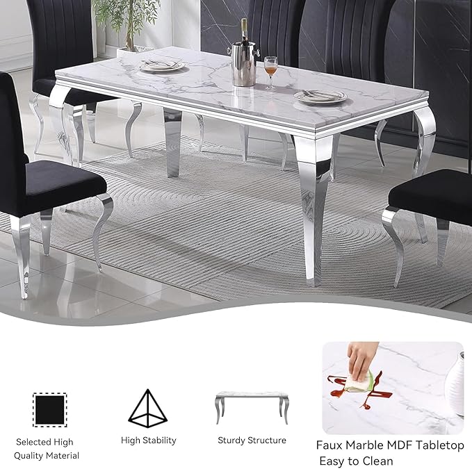 Goujxcy 70" Marble Dining Table Set for 6, Modern 7 Piece Dining Room Table Set with White Faux Marble Dining Table & 6 Black Velvet Upholstered Chairs, Luxury Silver Kitchen Table Chairs Set of 6