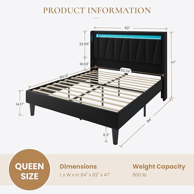SHA CERLIN Queen Bed Frame with Charging Station and LED Lights, Modern Velvet Platform Bed with Upholstered Geometric Wingback Headboard, No Box Spring Needed, Easy Assembly, Black