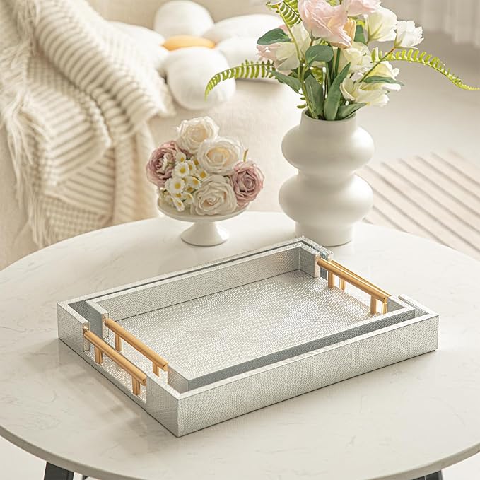 2 Piece Woven Leather Ottoman Tray with Gold Handles, Perfect Rectangular Serving Tray for Living Room, Coffee Table Tray as Thoughtful Gift for Home Decor Enthusiasts (Sliver)