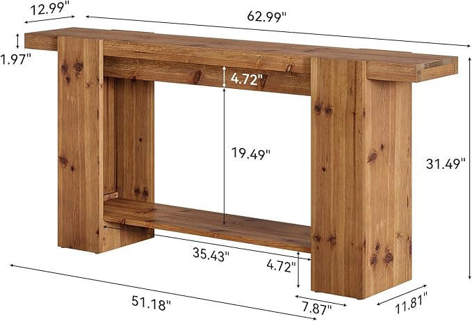 2-Tier Solid Wood Console Table, Farmhouse Entryway Table with Storage Shelves, 63-Inch Long Sofa Console for Living Room, Hallway, or Foyer(Brown)