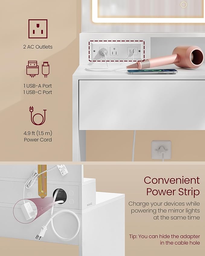 VASAGLE KAILYN Collection - 35.4-Inch Wide Vanity Desk with Mirror and Lights, Power Outlets, Vanity Table Set with Stool, Jewelry Storage, Adjustable Shelves, for Bedroom, Cloud White URDT132W02