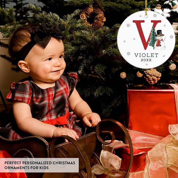 Andaz Press Personalized Ornament, Custom Name, Initial V Monogram Snowman 2.8" Ceramic Porcelain 2025 Christmas Ornament Keepsake for Kids, Boys, Girls, Includes Gold Ribbon & Gift Box, 1-Pack