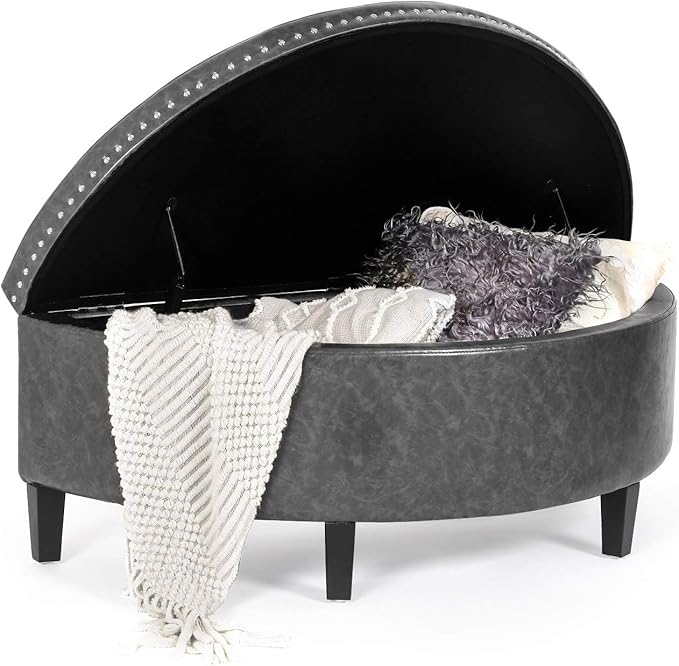 Homebeez 43" Half Moon Storage Ottoman Bench, Lift Top Faux Leather Storage Ottoman Bench for Bedroom Living Room (Gray)