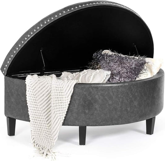 Homebeez 43" Half Moon Storage Ottoman Bench, Lift Top Faux Leather Storage Ottoman Bench for Bedroom Living Room (Gray)