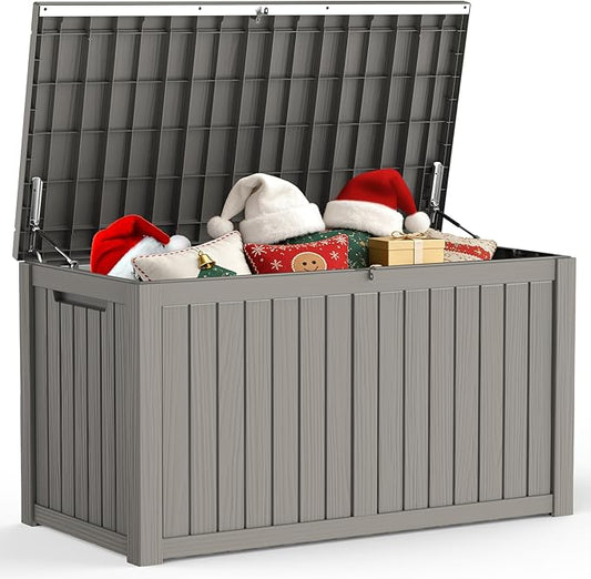 180 Gallon Outdoor Storage Box, Waterproof Deck Box with Handles and Lockable Lid, Resin Patio Storage Box with Hydraulic Rods for Garden Tools, Cushions, Grey