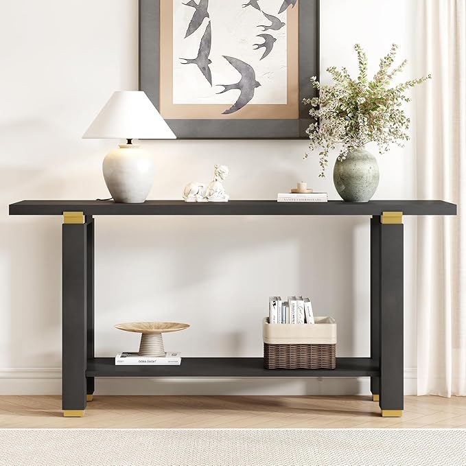 63" Modern Minimalist Console Table with Storage Shelf, Solid Wood Industrial Entryway Sofa Table with Metal Accents for Living Room, Hallway (Black)