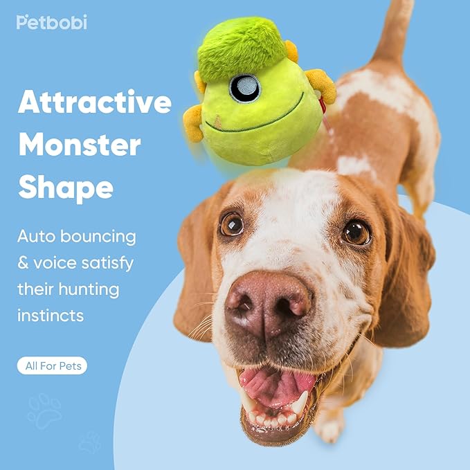 Petbobi Interactive Dog Toys Monster Active Ball for Dogs with Batteries, Self Moving Balls and Plush Cover for Small & Medium Dogs to Chase, Dog Toy Squeaky Crazy Bouncer Ball, Veggie Scout Bobby