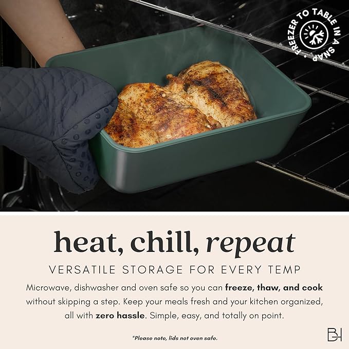 Ceramic Coated Glass Food Storage Container | No PTFE, PFOA, PFAS, and BPA | Reusable Non Toxic Meal Prep Container with Glass Lid | Easy To Store | 2.5 Cup Square [Pine]