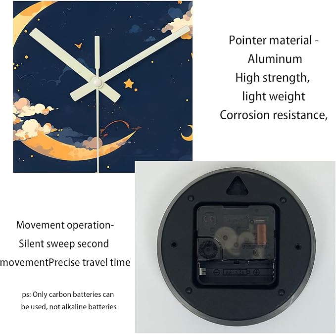 Moon Battery Powered Clock Analog 12 Inch Round Glow in The Dark Wall Clock for Kids Bedroom Small Wall Clock Silent