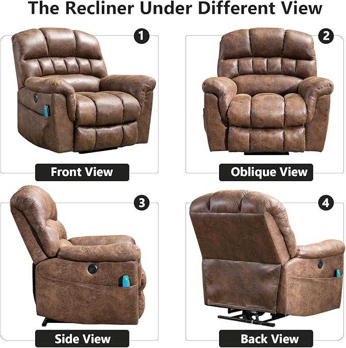 Large Power Lift Recliner Set of 2 with Massage and Heat for Elderly, Faux Leather Electric Lifting Recliners with USB Port, Oversized Reclining Sofa Chair for Living Room, Brown