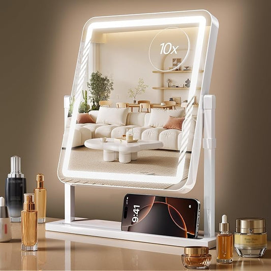 Vanity Mirror with Lights, Height-Adjustable & 360° Rotation, 1/10X Magnification, Three Color Lighting Modes, Makeup Mirror Smart Touch Control, Large Vanity Desk Mirror (17.5in,White)