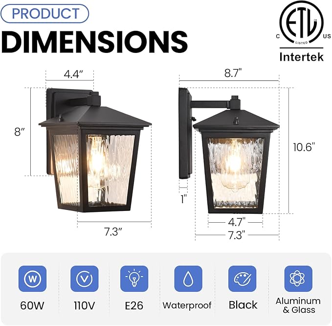 Wall Light, Exterior Waterproof Sconce in Black, Anti-Rust Light Fixture with Water Glass, Modern Outdoor Lantern for House Balcony Entryway Garage