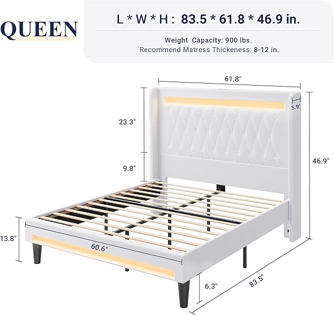 Allewie Upholstered Queen Size Platform Bed Frame with LED Light and Charging Station, Button Tufted High Headboard, Wingback Design, Noise Free, Easy Assembly, No Box Spring Needed, White