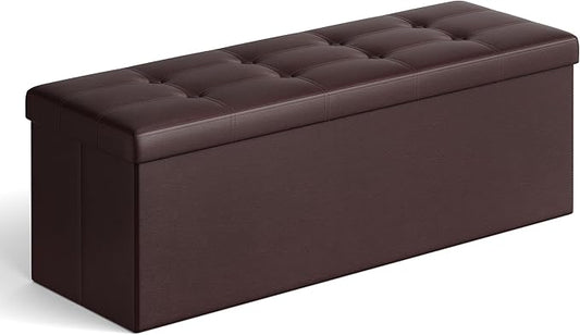 SONGMICS MAZIE Collection - 43 Inches Folding Storage Ottoman Bench, Ottoman with Storage, Foot Rest Stool, Load 660 lb, for Living Room, Synthetic Leather, Brown ULSF703