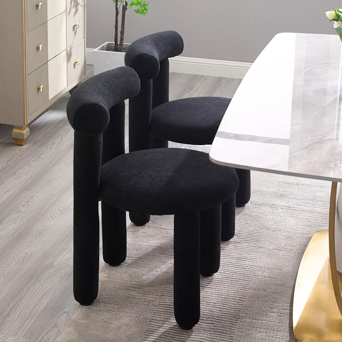 DUOMAY Modern Black Boucle Dining Chairs Set of 2, Sherpa Upholstered Kitchen Chairs Armless Barrel Back Dining Chair, Living Dining Room Chairs, Reception