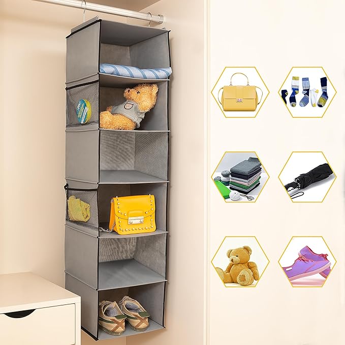 6 Shelves Hanging Closet Organizer, 2 Pack Hanging Storage with 4 Side Pockets for Clothes Shoes, 43.5"x12"x12"(Grey)