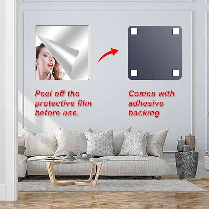 4 Pack Wall Mirror Full Length, 10 x 10 Inch Unbreakable Acrylic Mirror Tiles, Shatterproof Flexible Plastic Mirror Sheets for Bedroom Home Gym Door (4P 10"x 10")