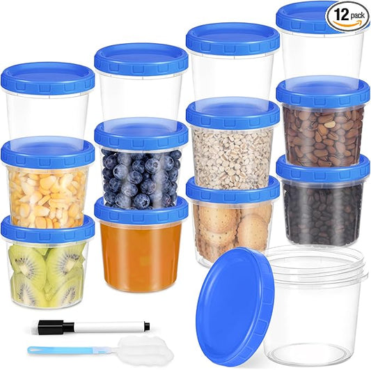 12 Pcs 10 oz Plastic Containers with Screw Lids, Reusable Clear Food Storage Containers with Pen and Brush for Snack Salad Fruit, Freezer Storage Containers, Microwave & Dishwasher Safe