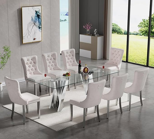 Goujxcy 70" Glass Dining Table Set for 8, Modern Silver Dining Table Set with 8 Beige Velvet Upholstered Dining Chairs, 9 Piece Kitchen Dining Room Table Set with Stainless Steel Legs
