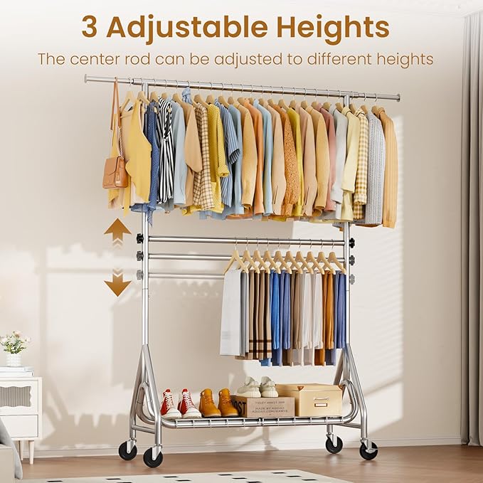 Heavy Duty Clothes Rack for Hanging Clothes, Double Rods Clothing Rack with Lockable Wheels, Rolling Metal Garment Racks Heavy Duty, Portable Wardrobe Closet Racks, Silver