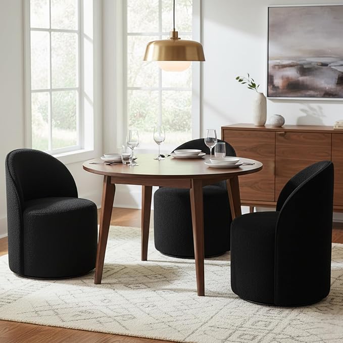 Modern Barrel Dining Chairs Set of 3, Swivel Base Black Sherpa Accent Chair 360°Rotating Mid-Century Dining Side Chair Kitchen Chair for Living Room, Bedroom, Home, Office, Kitchen