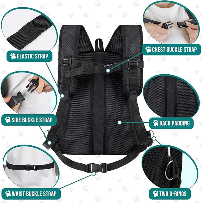 PetAmi Adjustable Dog & Cat Chest Carrier Backpack, Ventilated for Hiking, Camping & Travel, Max 10 lbs, Black
