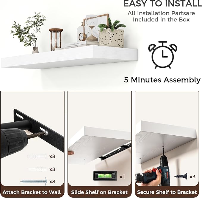 Floating Shelves for Wall, 40" W x 12" D x 2" H, 1 Pack of Long Wall Mounted Engineered Wood Shelves with Invisible Brackets for Living Room, Bedroom, Bathroom, Kitchen Decor, White