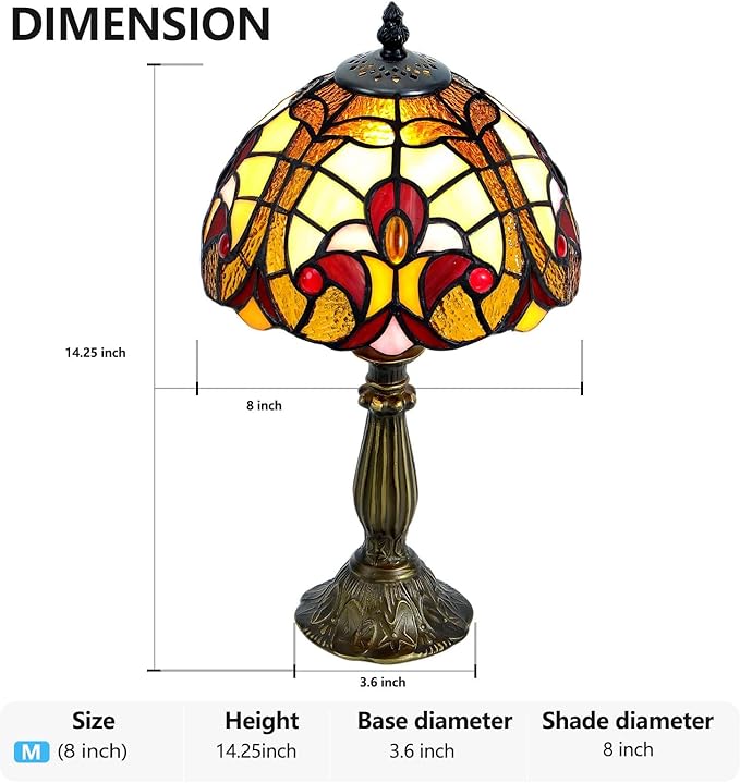 Grand 8-Inch Tiffany Style Table Lamp,Handcrafted Baroque Stained Glass Lamp with LED Bulb,Elegant Tiffany Lamps for Living Room, Office, Bedroom Decor.