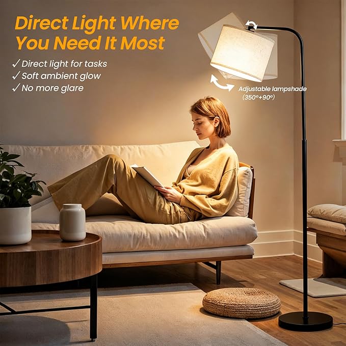 Remote Floor Lamp for Living Room and Bedroom - Modern Standing Lamps Tall with Led Blub and Dimmable Light - Black Arc Room Lights with Shade for Home Decor, Office, Corner and Reading