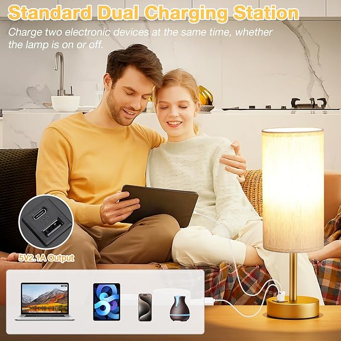 Small Touch Bedside Lamp with USB - 3 Way Dimmable Gold Table Lamp for Bedroom, Nightstand Lamp with Gold Charging Station for Desk Dorm, Office