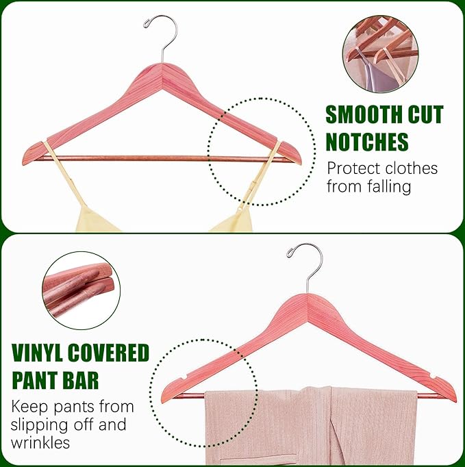 Amber Home 30 Pack American Red Cedar Hangers, Smooth Finish Wood Coat Hangers with Swivel Hook & Notches for Suit, Shirt, Dress, Jacket, Pants