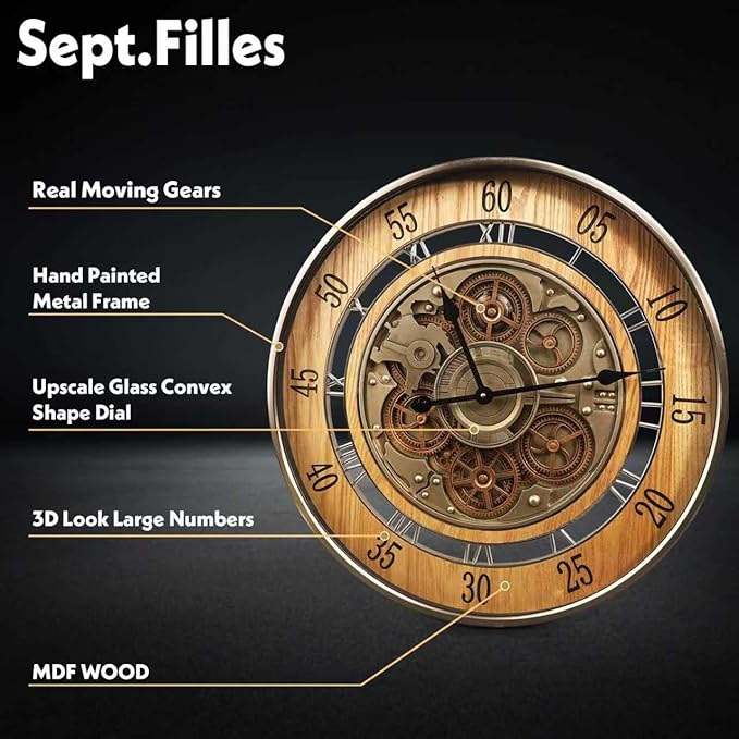 HOIBAI Wall Clock, 24 Inch Moving Gears Clock Large Wall Clock for Living Room Decor Rustic Vintage Industrial Steampunk Farmhouse Big Clock for Home Kitchen Bedroom Office