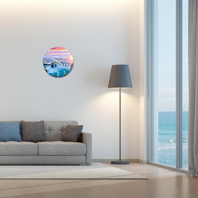 XNM Landscape Blue Beach Wall Clock for Bedroom Living Room 14 Inch Glass Battery Operated Clocks for Wall Analog Wall Clock Silent Non Ticking