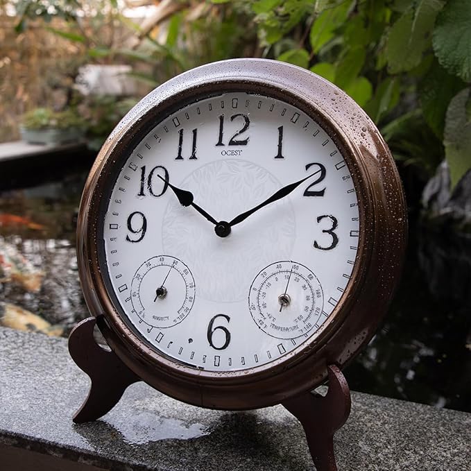 OCEST 15 Inch Illuminated Large Outdoor Clock Waterproof, Night Light Illuminated Wall Clocks with Smart LED Sensor, Temperature and Humidity Combo for Garden Patio Pool Garage (Metal)