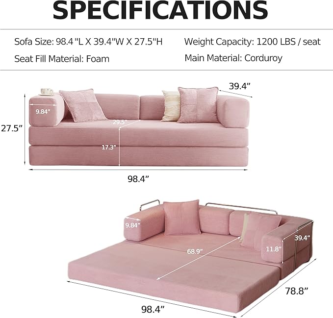 98.4''Convertible Sleeper Sofa Bed,Compressed Floor Boneless Couch,Modular Modern Corduroy Sofa for Living Room Bedroom -with Fixed-Shape Frame and Support Armrest,Easy Assembly(Pink)