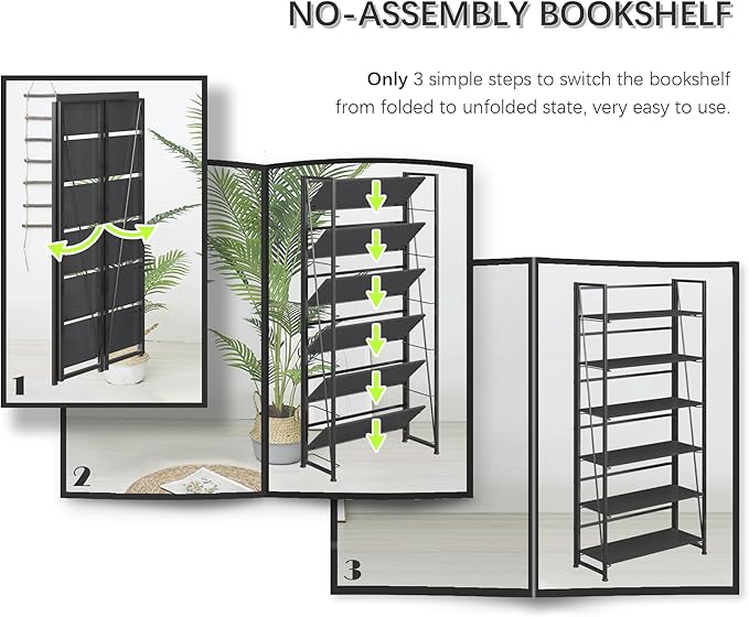 4NM No Assembly Folding Bookshelf, 6-Shelf 74" H Collapsible Foldable Bookcase Storage for Small Spaces, All Black