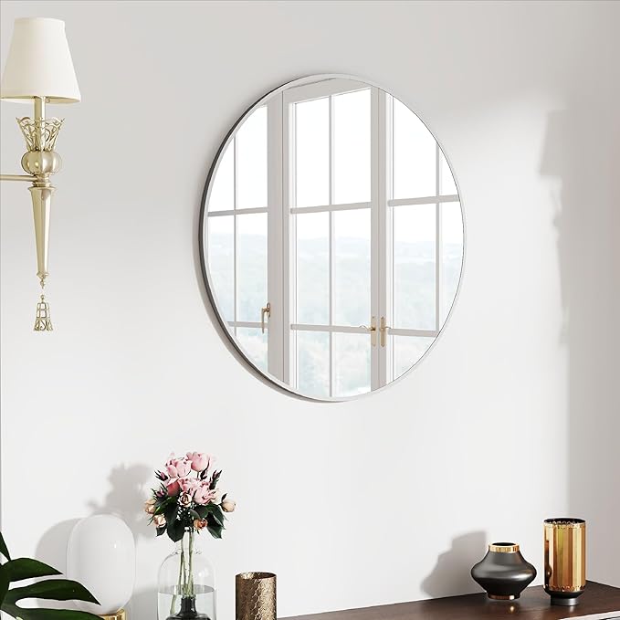 24" Round Mirror Circle Wall Mounted Hanging or Against Wall Aluminum Alloy Metal Frame Dressing Make-up Mirrors for Entryway Bedroom Bathroom Living Room 24 inch Silver