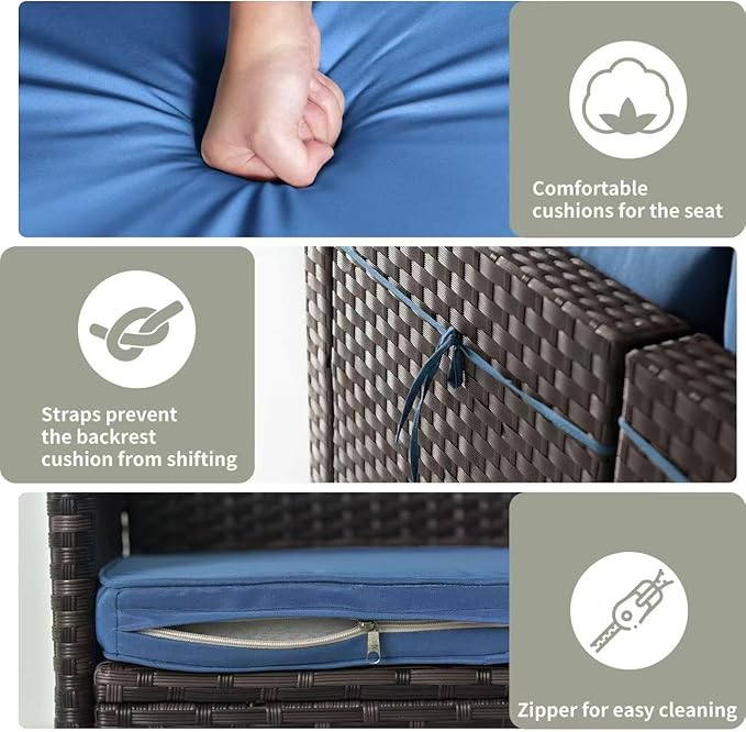 Gotland 8 Pieces Patio Furniture Set with Fire Pit Table, All Weather Rattan Outdoor Furniture with 29.5'' High Backrest 4’’ Thick Cushions Coffee Table, Outdoor Sectional for Porch, Deck, Navy