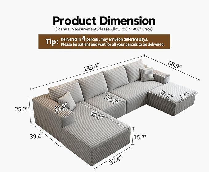 135.4" Cloud Modular Sectional Sofa with 1 Ottoman,Modern Minimalist Upholstered Couches, Comfort U Shaped Sofa for Living Room,Deep Seat Corner Couch，No Assembly Required (Grey,Left Facing Chaise)