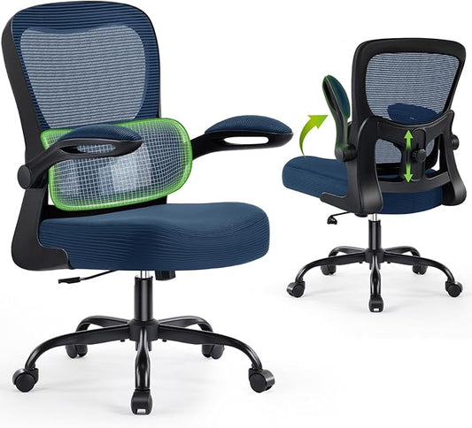 Ergonomic Office Chair, Comfy Desk Chair with Adjustable Lumbar Support, Mesh Computer Chair with Wheels, Flip-up Armrests, Swivel Rolling Executive Chair for Home Office, Gaming, Navy Blue